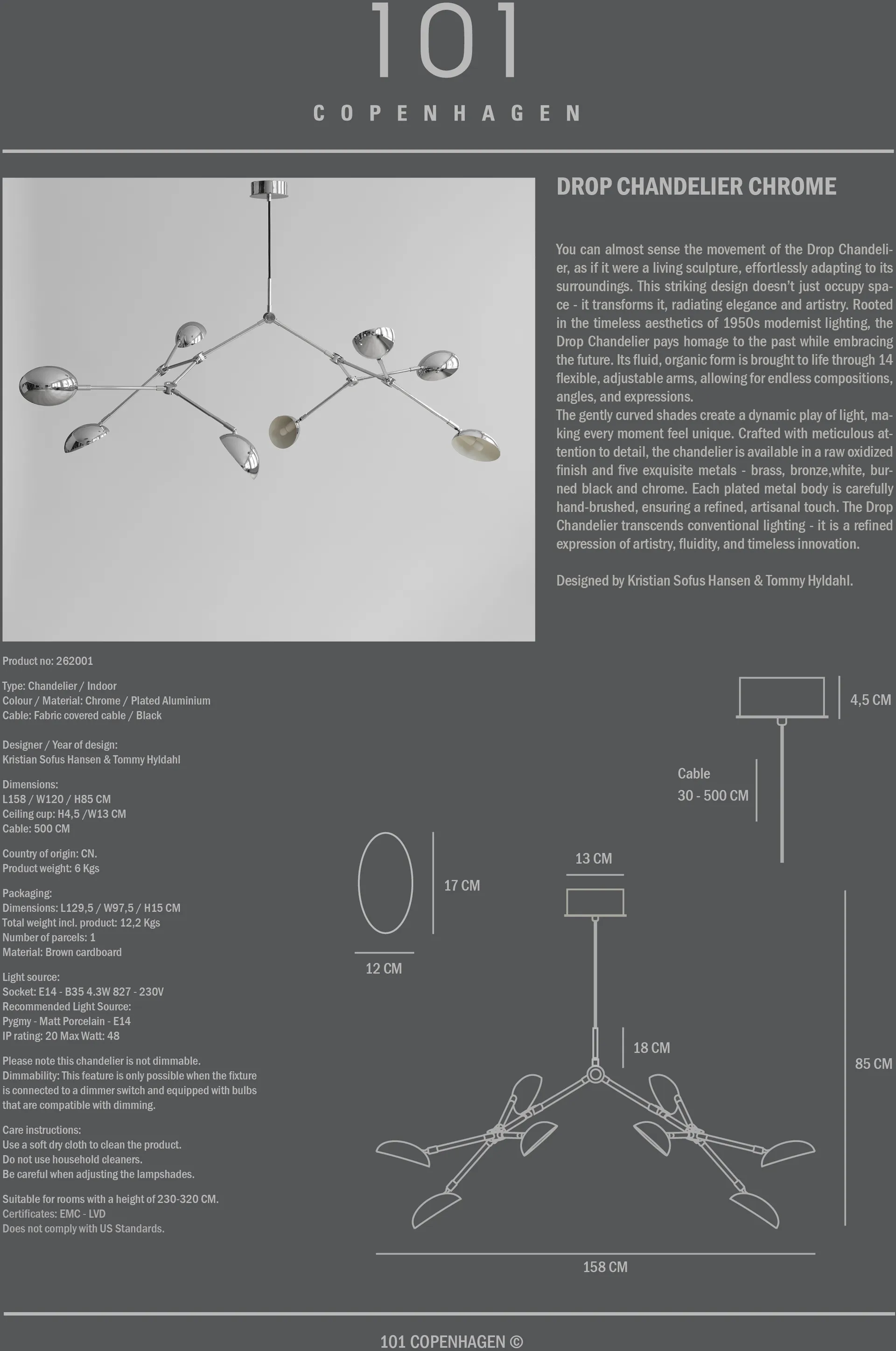 Drop Chandelier takkrona, Chrome 101 Copenhagen