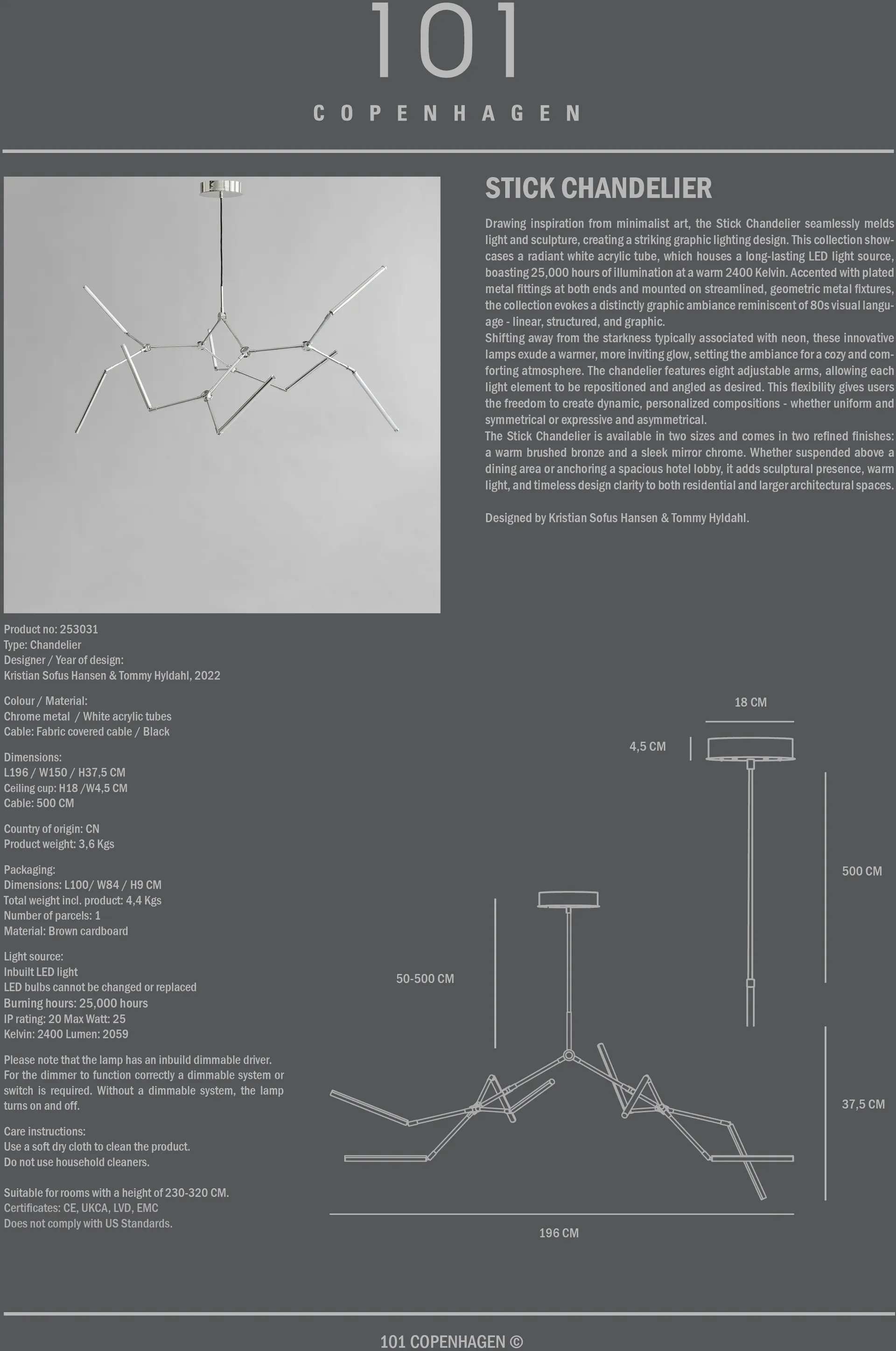 Stick chandelier takkrona, Chrome 101 Copenhagen