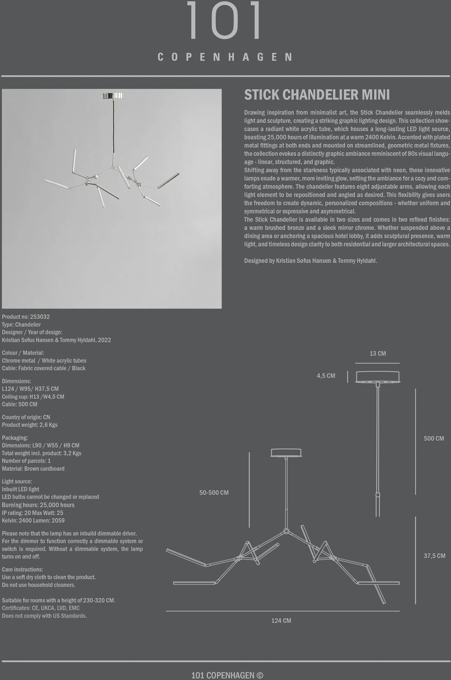 Stick chandelier takkrona mini, Chrome 101 Copenhagen