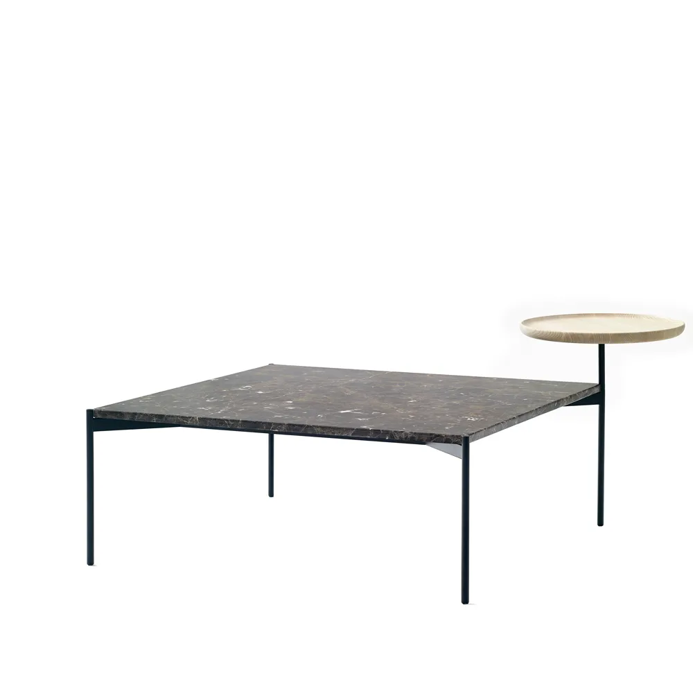 Plateau med bricka soffbord, marmor brun-svart stativ-bricka i ask-90x90 Adea