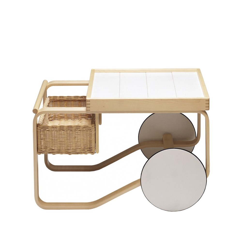Artek 900 tevagn Vit kakel-Korg i rotting | Skandinavisk Design | Serveringsvagnar & Rullvagnar | Vit