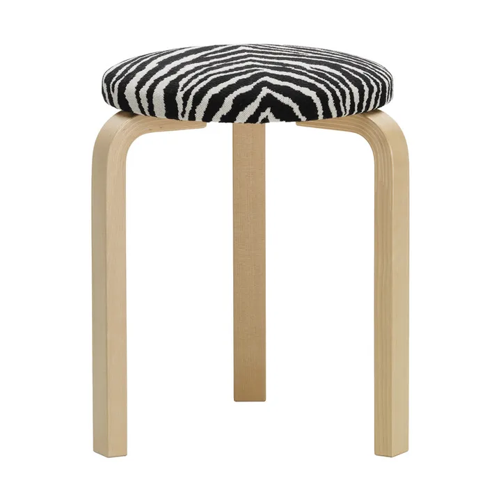 Stool 60 pall 3 st ben - Klarlackerad björk-tyg Zebra svart - Artek
