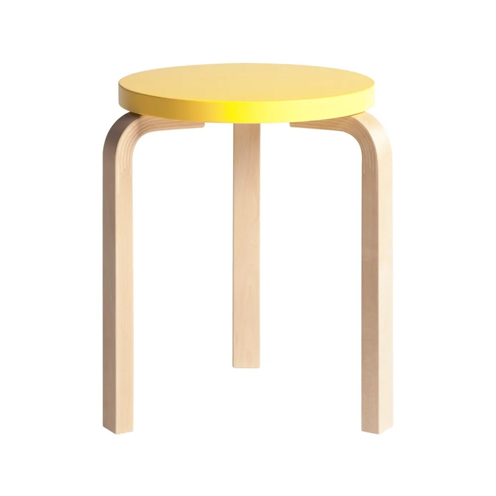 Stool 60 rund pall 3 st ben, Gul-Björk, Ø38x44 cm Artek