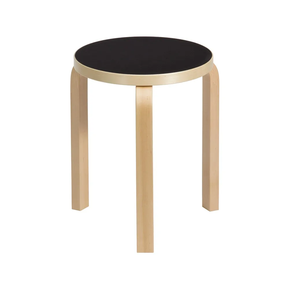 Stool 60 rund pall 3 st ben, Svart linoleum-Björk, Ø38x44 cm Artek