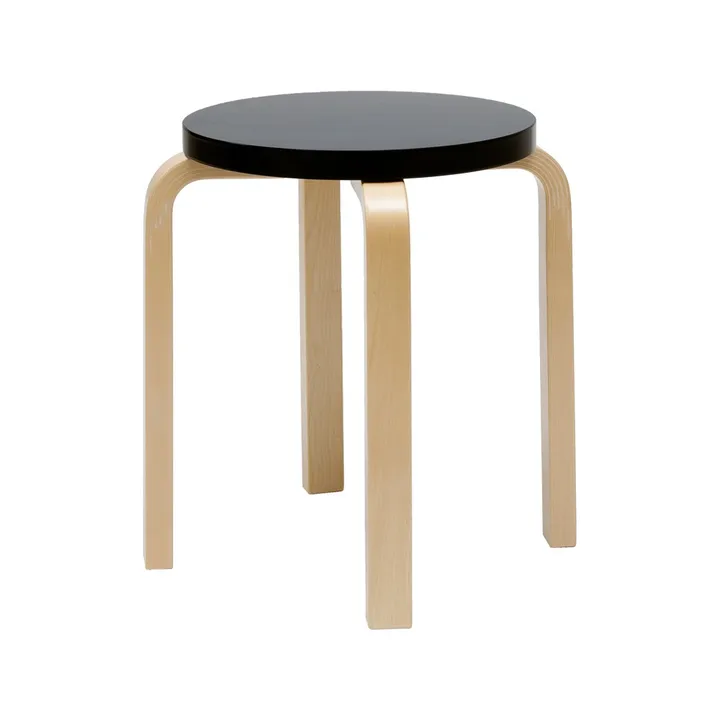 Stool E60 rund pall 4 st ben - Naturlackerad björk-Svart lack, Ø38x44 cm - Artek