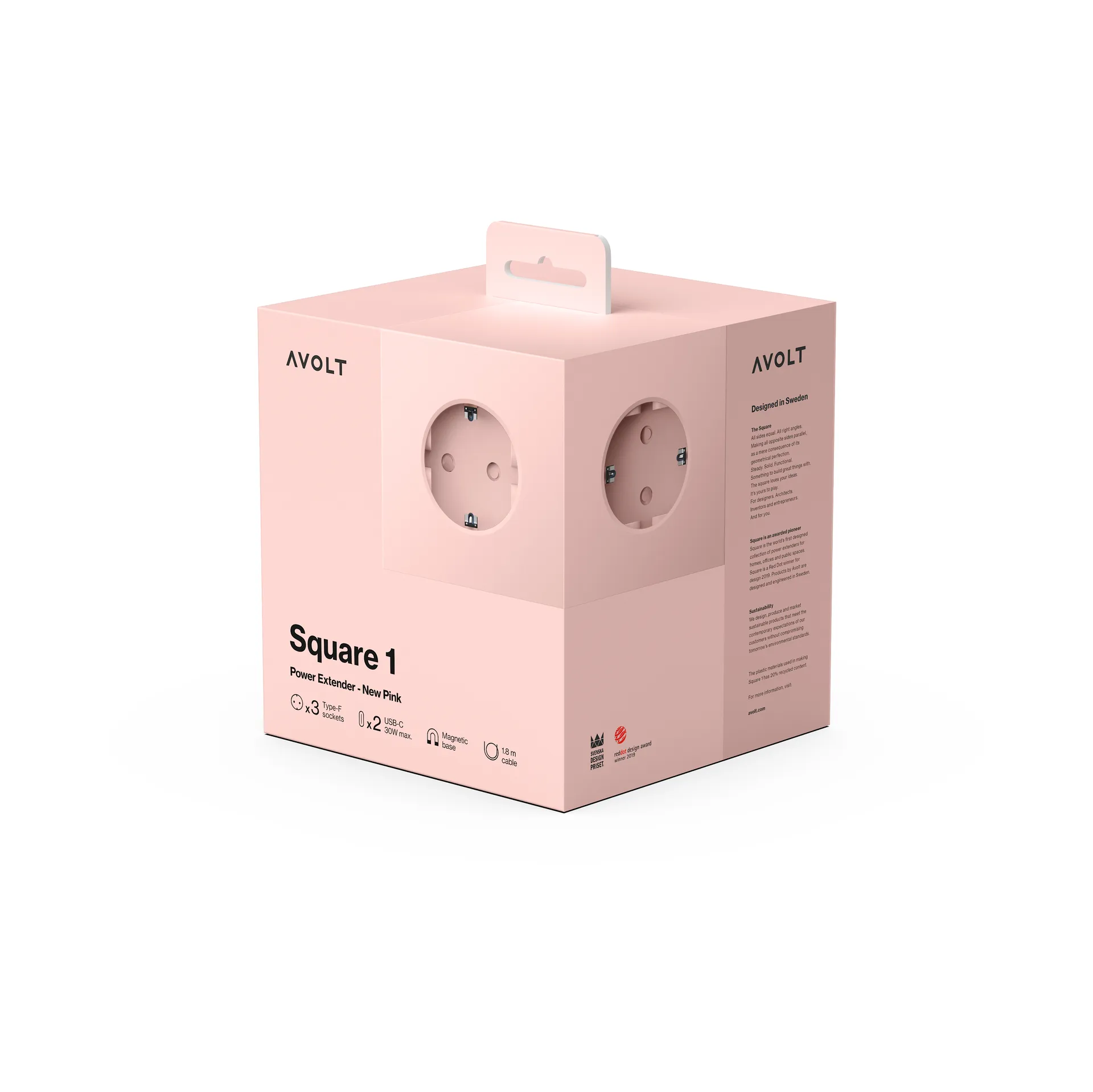 Square 1 grenuttag USB-C 30W 1,8 m, New Pink Avolt