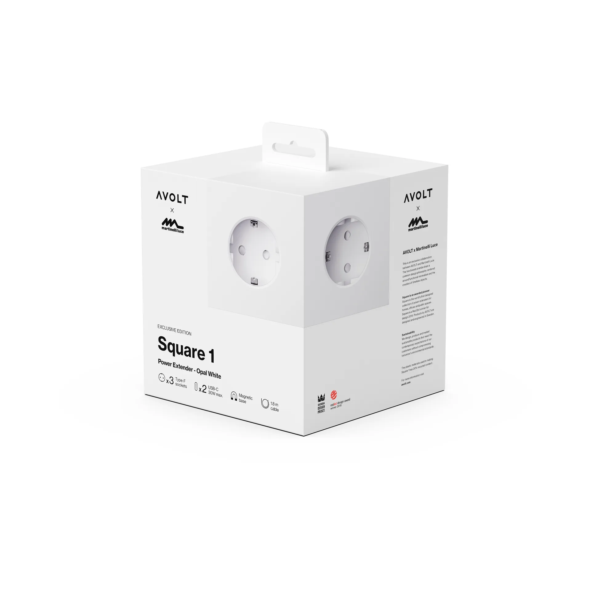 Square 1 grenuttag USB-C 30W 1,8 m, White Martinelli Luce edition Avolt