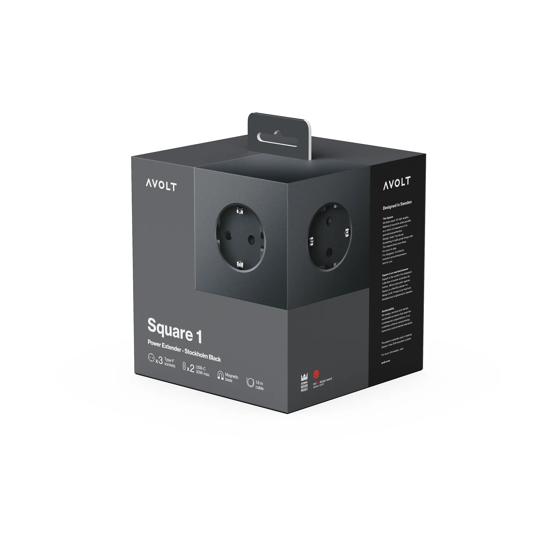 Square 1 grenuttag USB-C 30W 3 m, Stockholm Black Avolt