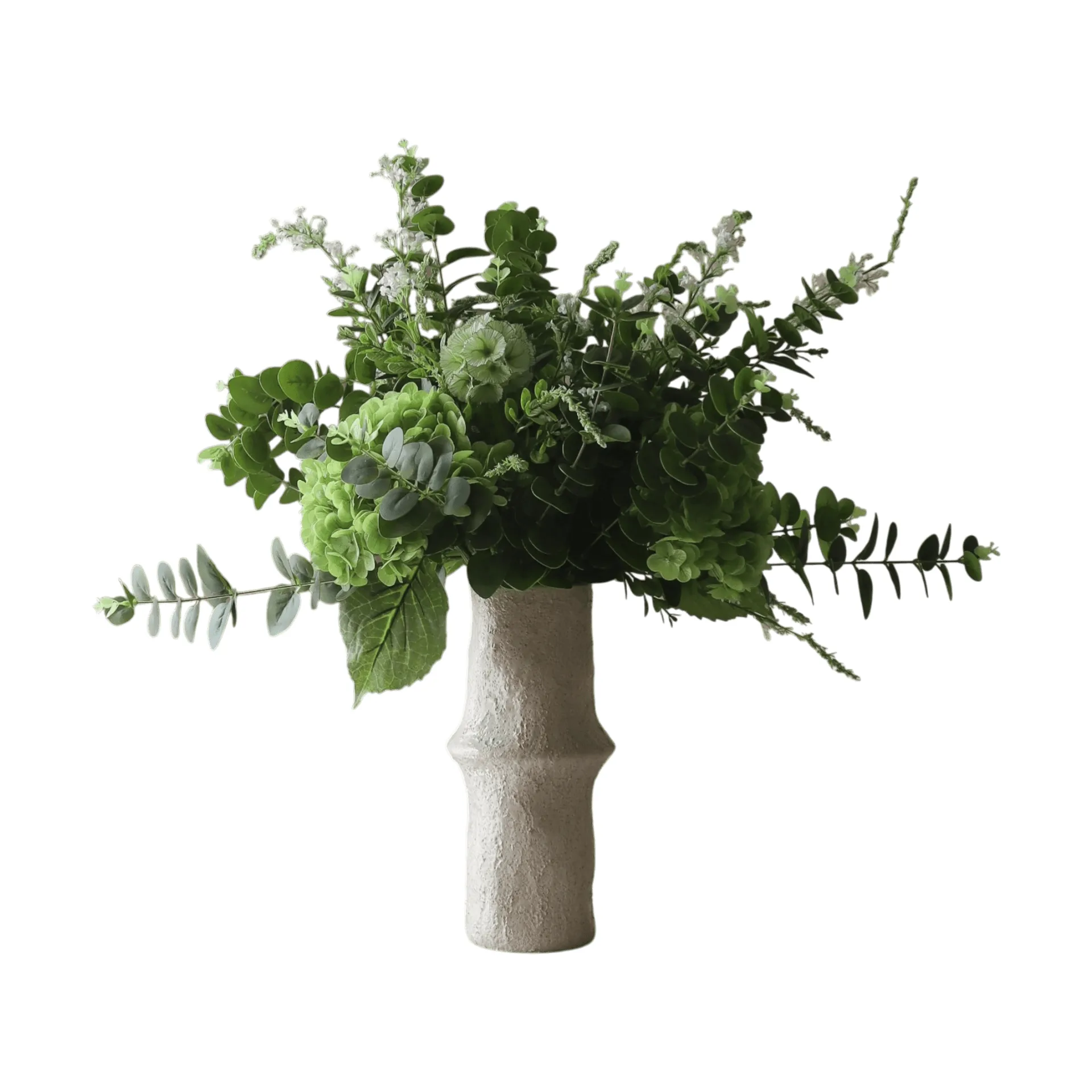 Deep Green konstgjord bukett, Hortensia-vildblommor-eukalyptus-väddkvist 15 st Botané