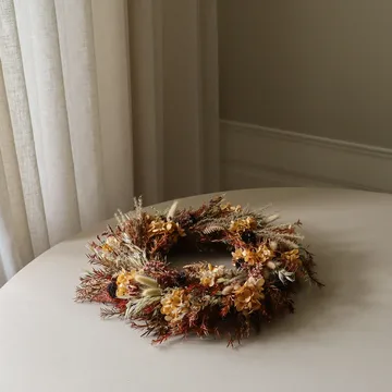 Golden Meadow Wreath blomkrans - Hortensia-torkat gräs-ormbunke-haröron, Ø40 cm - Botané