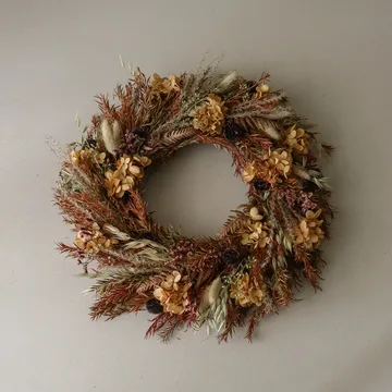 Golden Meadow Wreath blomkrans - Hortensia-torkat gräs-ormbunke-haröron, Ø40 cm - Botané