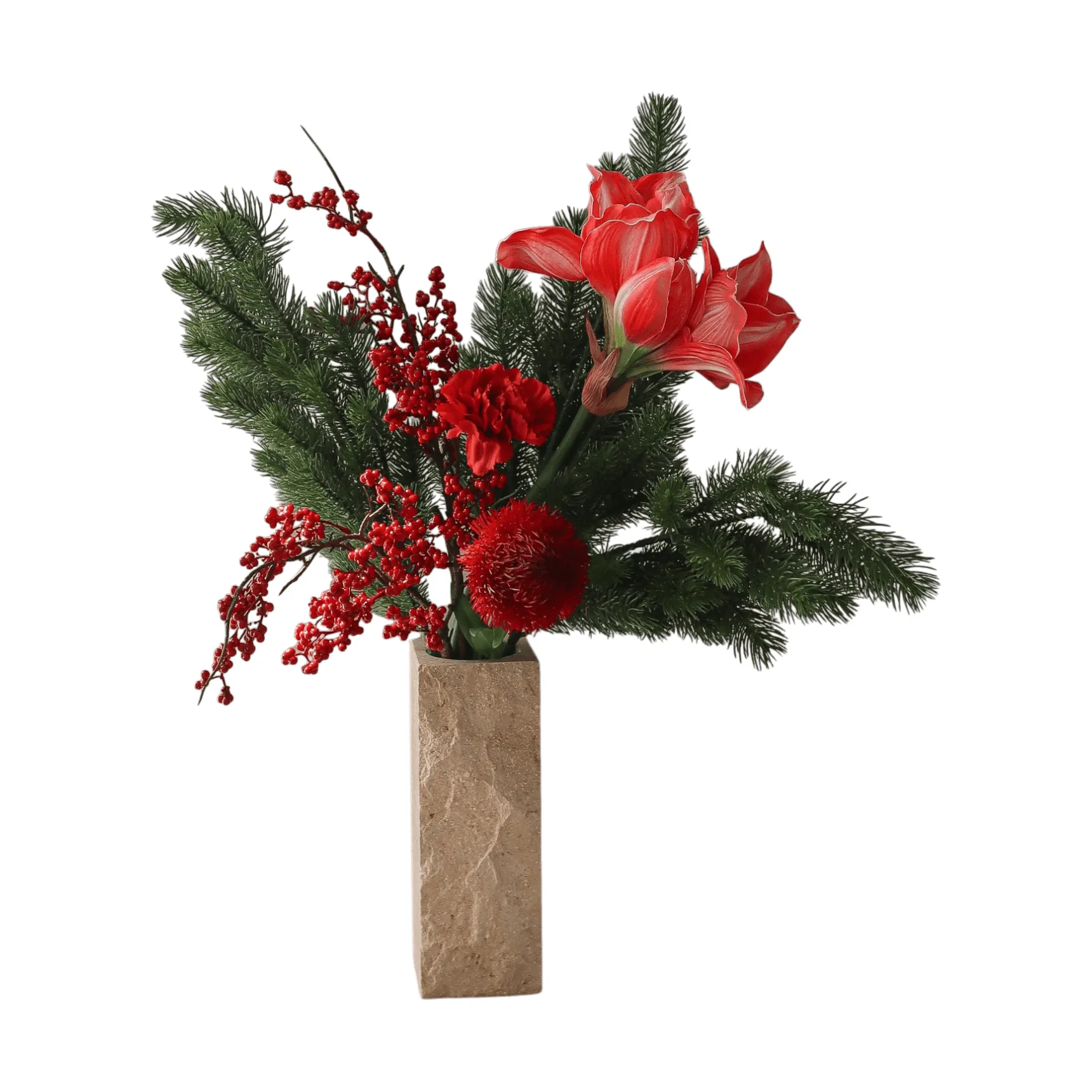 Red spritz konstgjord bukett, Amaryllis, nejlika, bärkvistar, tallkvistar, 72 cm Botané