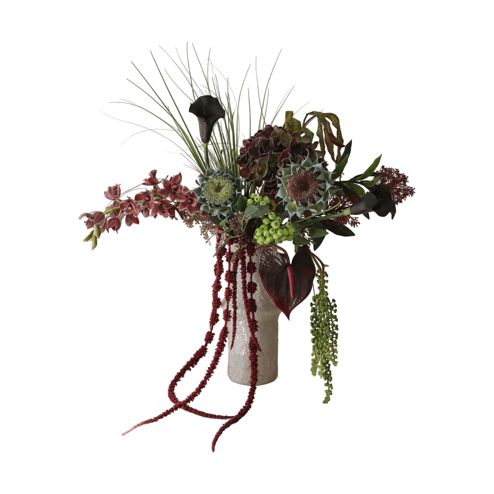 Woodland Nocturne konstgjord bukett, Kalla-anthurium-hortensia-höstsolros, 112 cm, 14st Botané