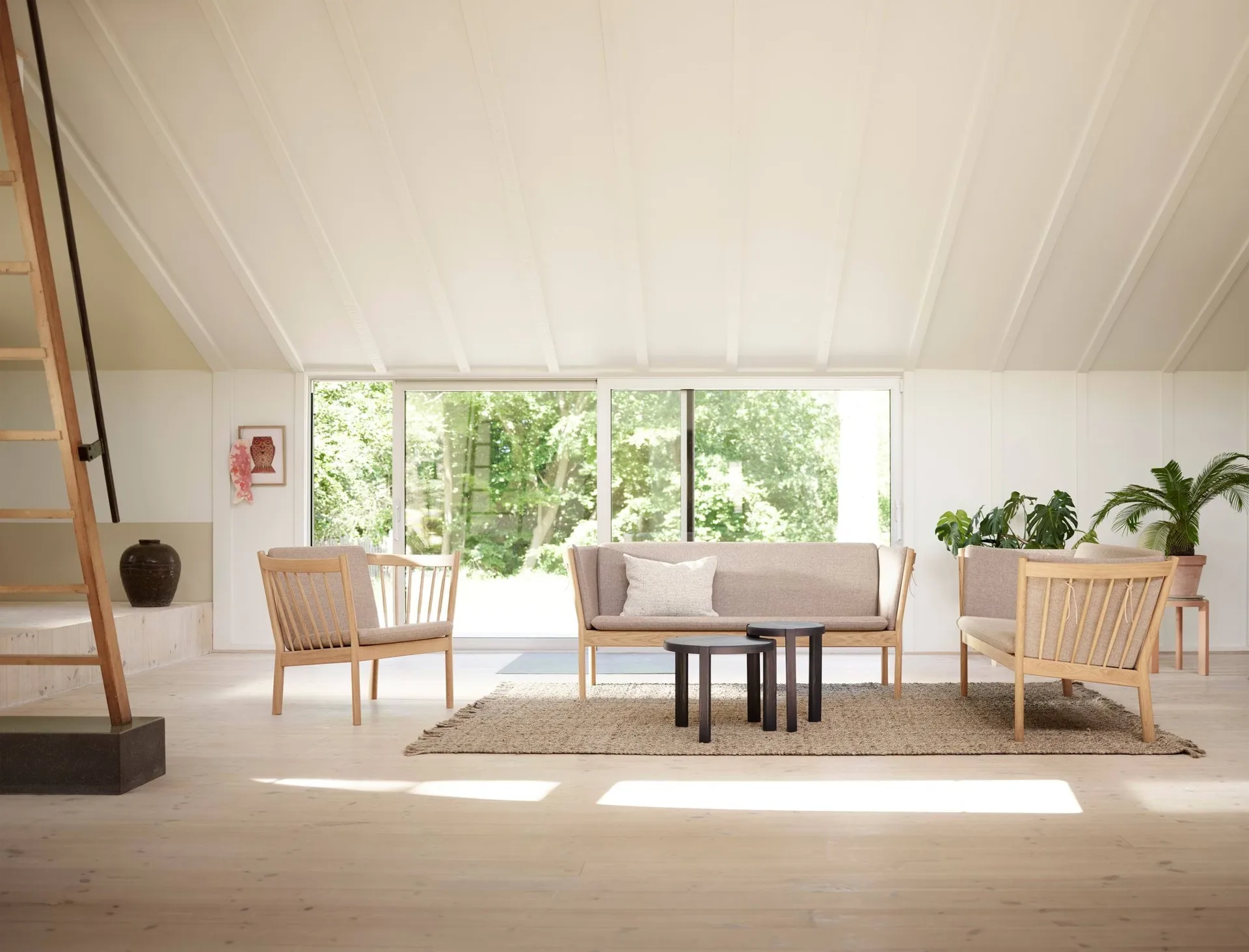 J149 soffa, Läder cognac-lackerad ek, 3-sits FDB Møbler