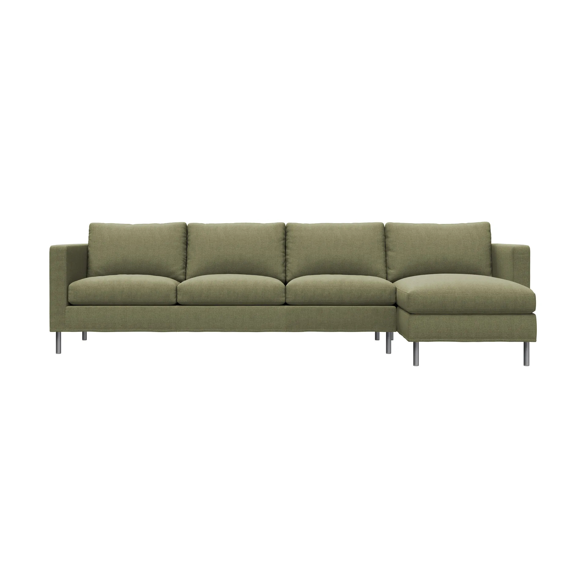 Alex 3-sits soffa chaise lounge höger, Tyg Hiro Lightgreen-aluminiumben Fogia