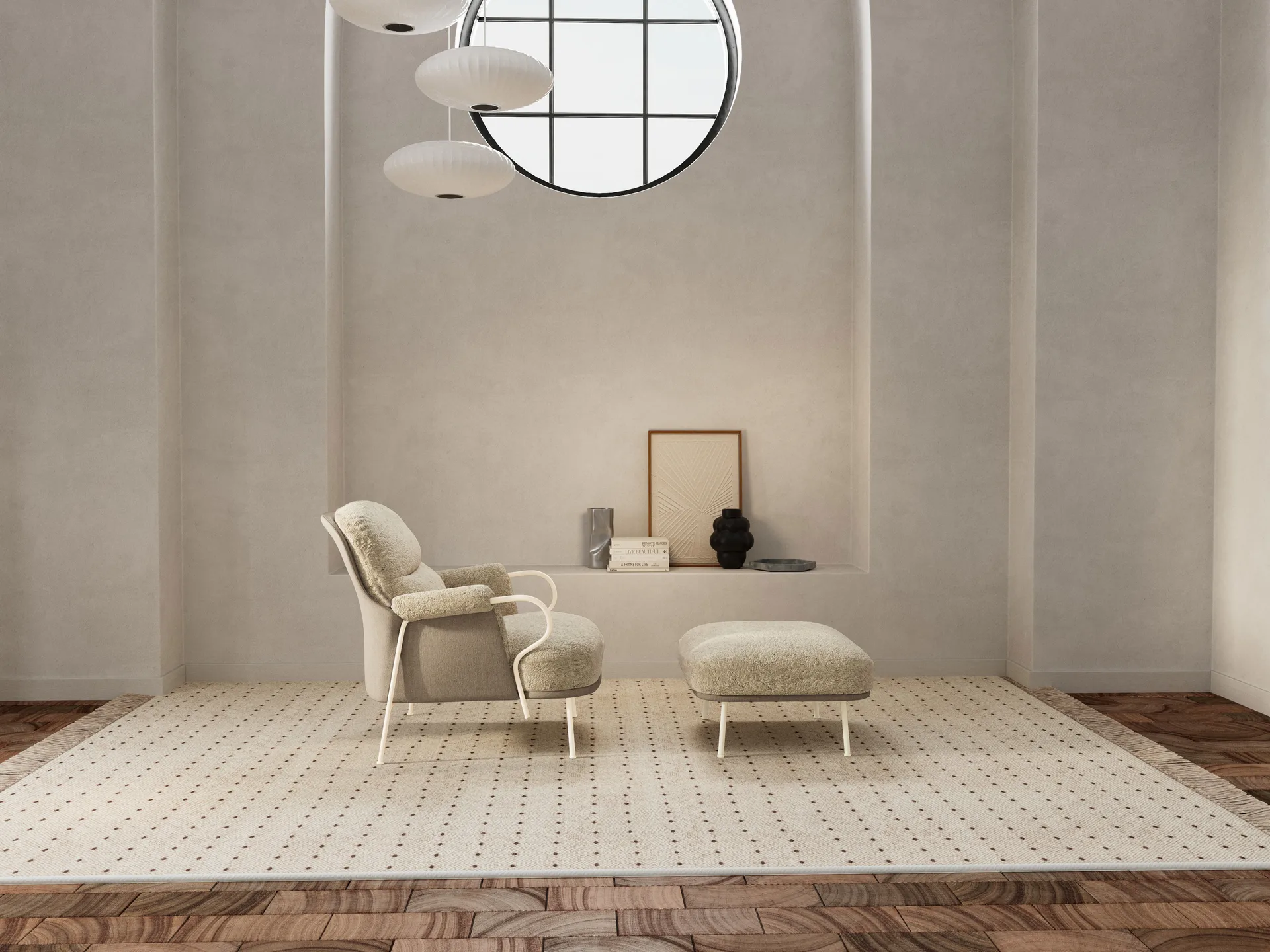 Lyra fotpall, Fårskinn Mohawi-RAL1013 Fogia