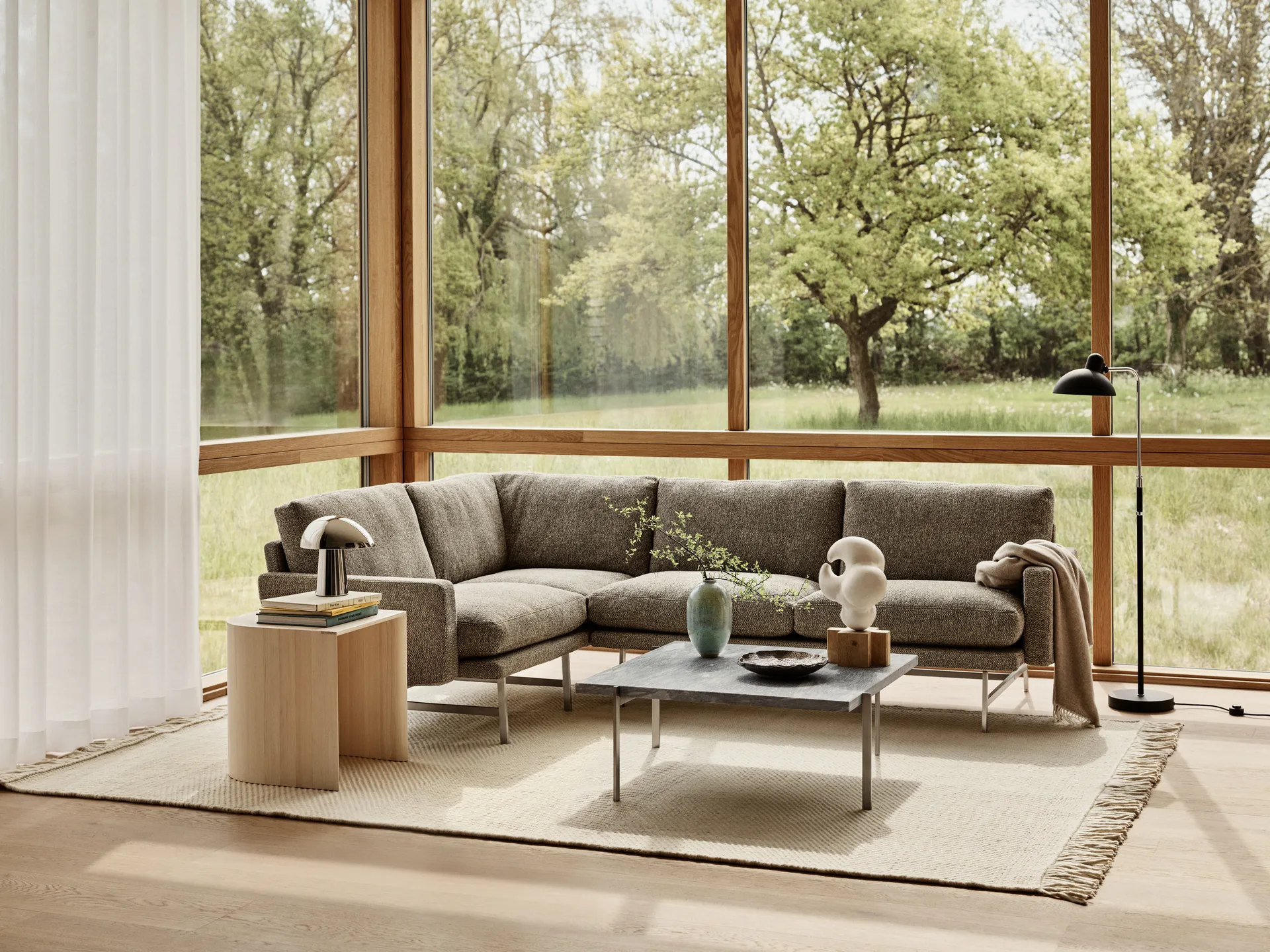 Lissoni PL114 L vänsterställd hörnsoffa, Moss 015-rostfritt stål Fritz Hansen