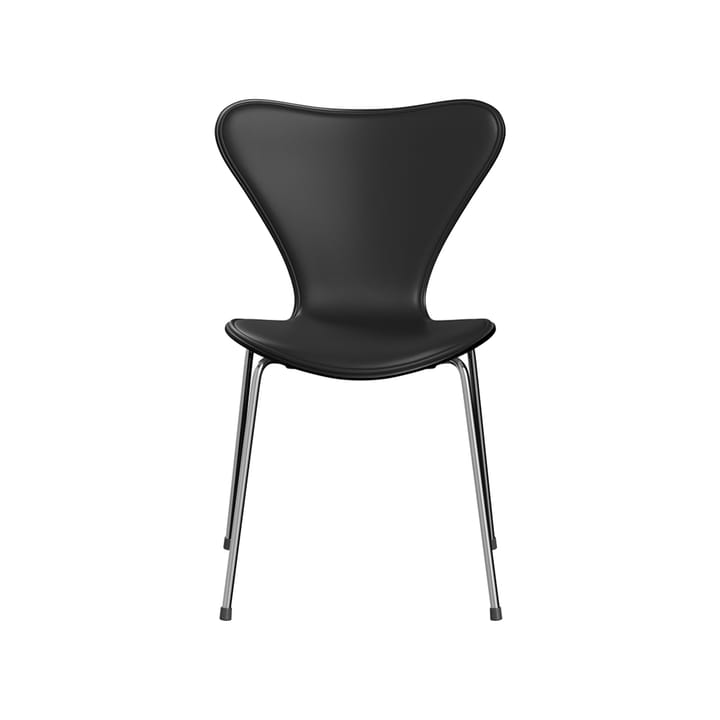 Sjuan 3107 framsidesklädd stol - läder soft black, målad ask, kromat stålstativ - Fritz Hansen