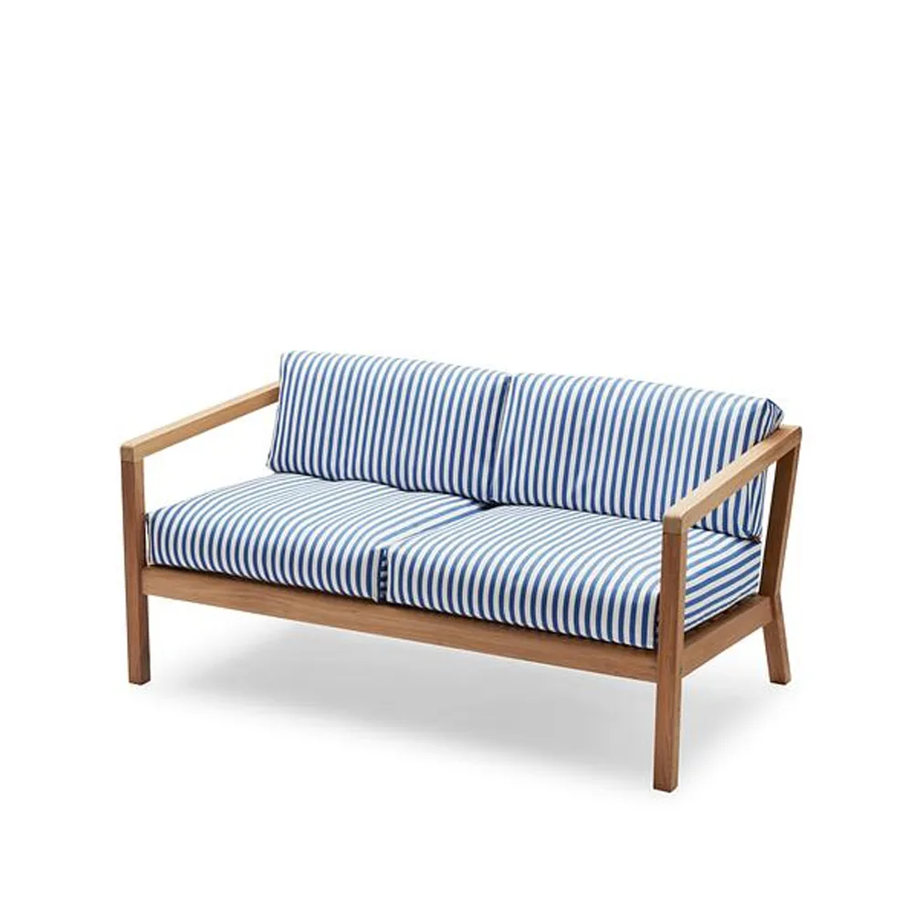 Virkelyst soffa 2-sits teak, Tyg outdoor textile sea blue stripe Fritz Hansen