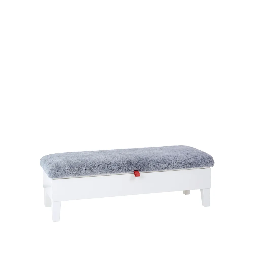 Enok 120 förvaringsbänk, fårskinn grafit-röd läderslejf Givarps