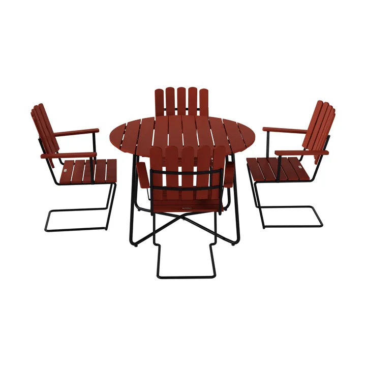 9A matbord Ø100 cm + 4 A2 fåtölj, mörkröd ek-svart stativ - Grythyttan Stålmöbler