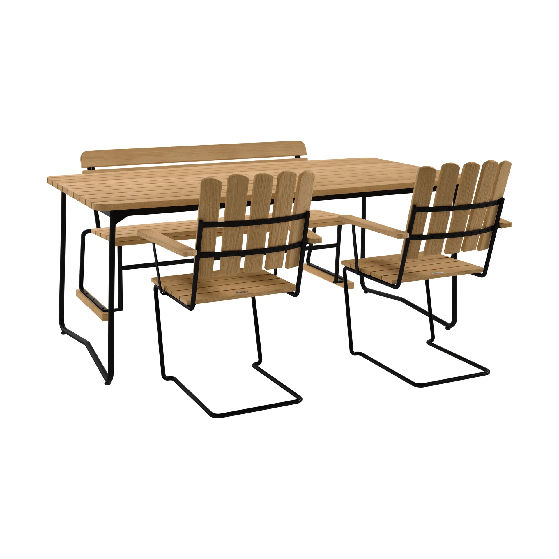 B31 bord 170 cm + 2 A2 fåtölj + soffa 3, oljad ek-svart stativ Grythyttan Stålmöbler