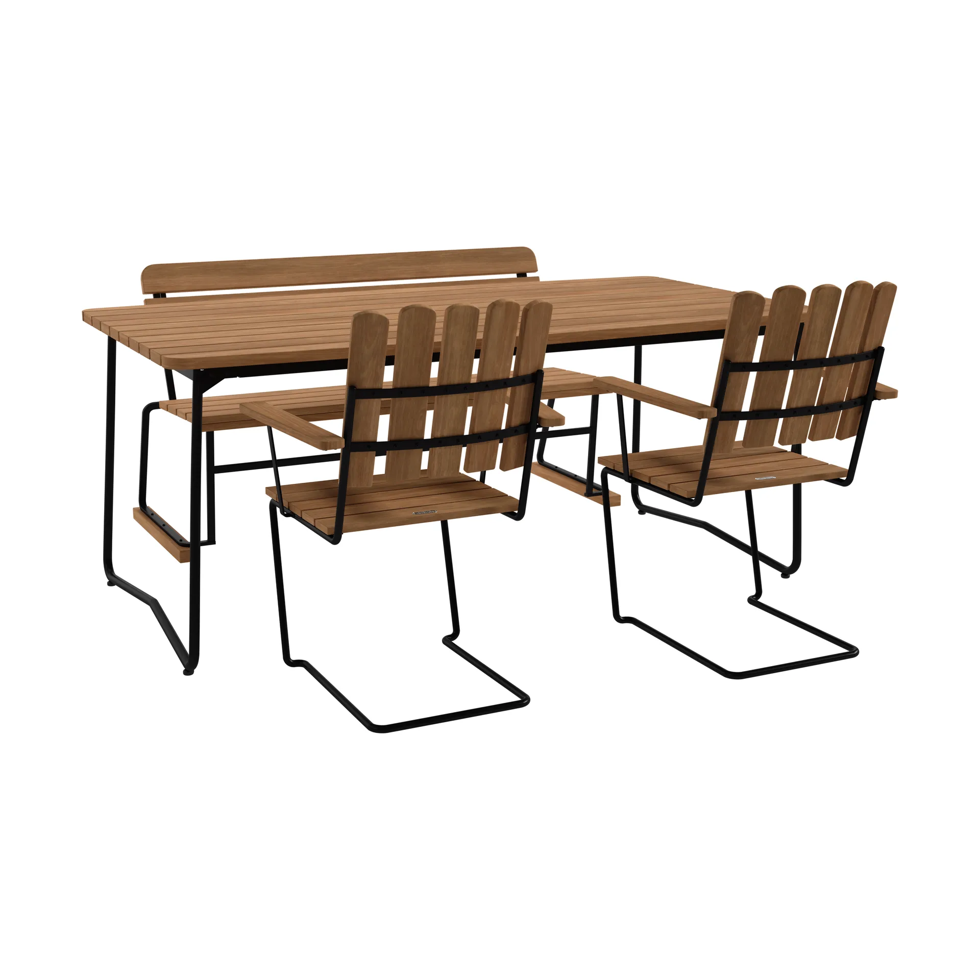 B31 bord 170 cm + 2 A2 fåtölj + soffa 3, teak-svart stativ Grythyttan Stålmöbler
