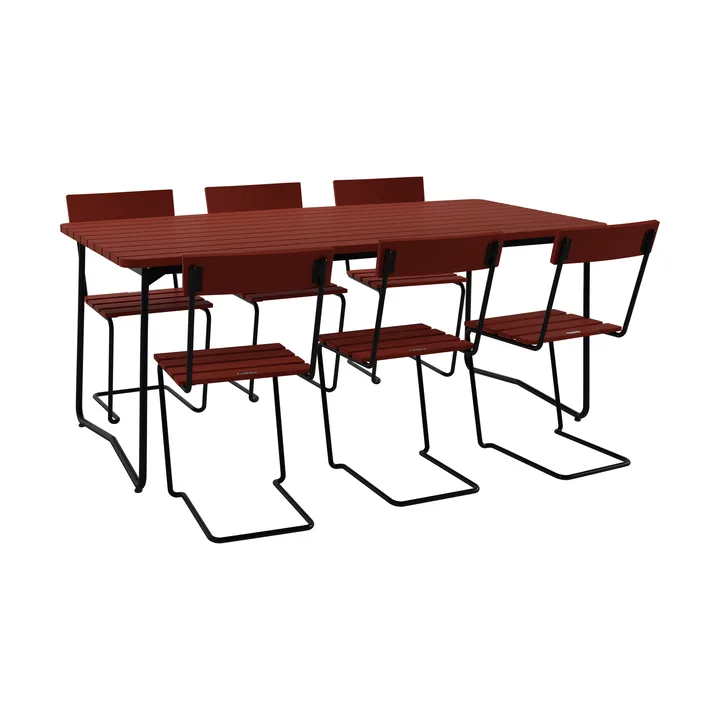 B31 bord 170 cm + 6 Stol 1, mörkröd ek-svart stativ - Grythyttan Stålmöbler