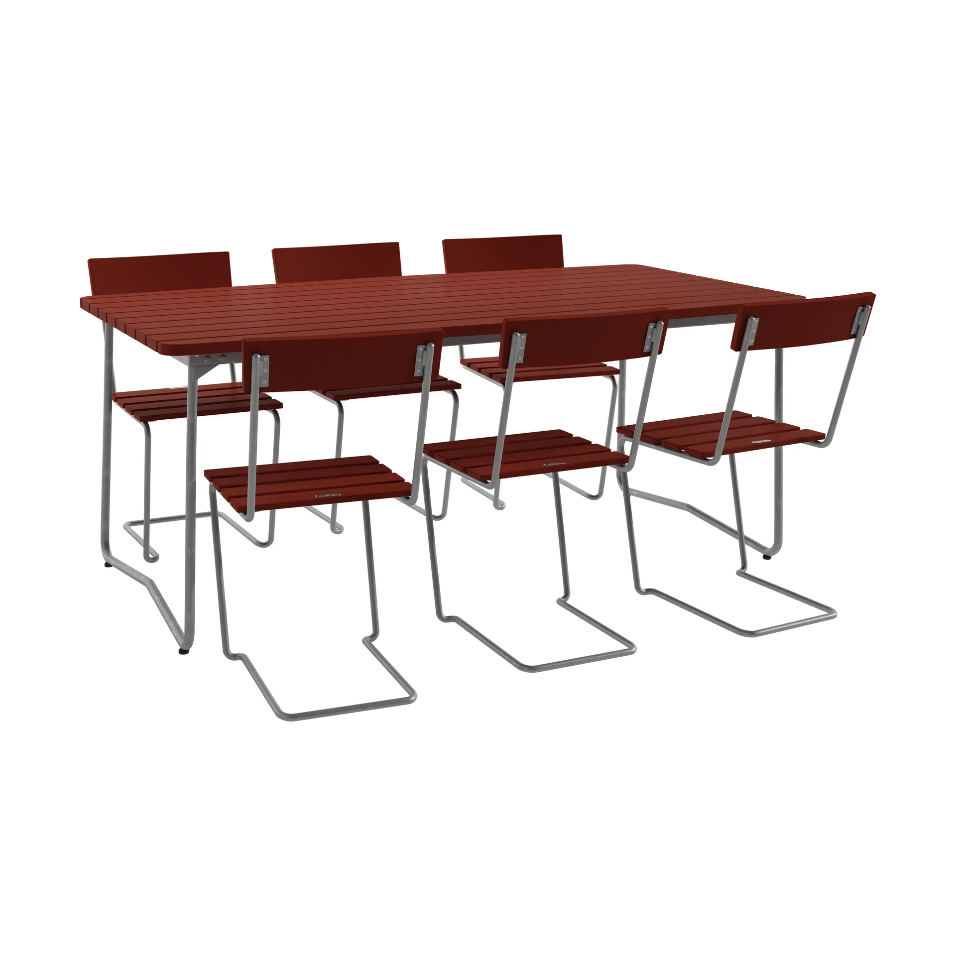 B31 bord 170 cm + 6 Stol 1, mörkröd-varmförzinkat stativ,  Grythyttan Stålmöbler