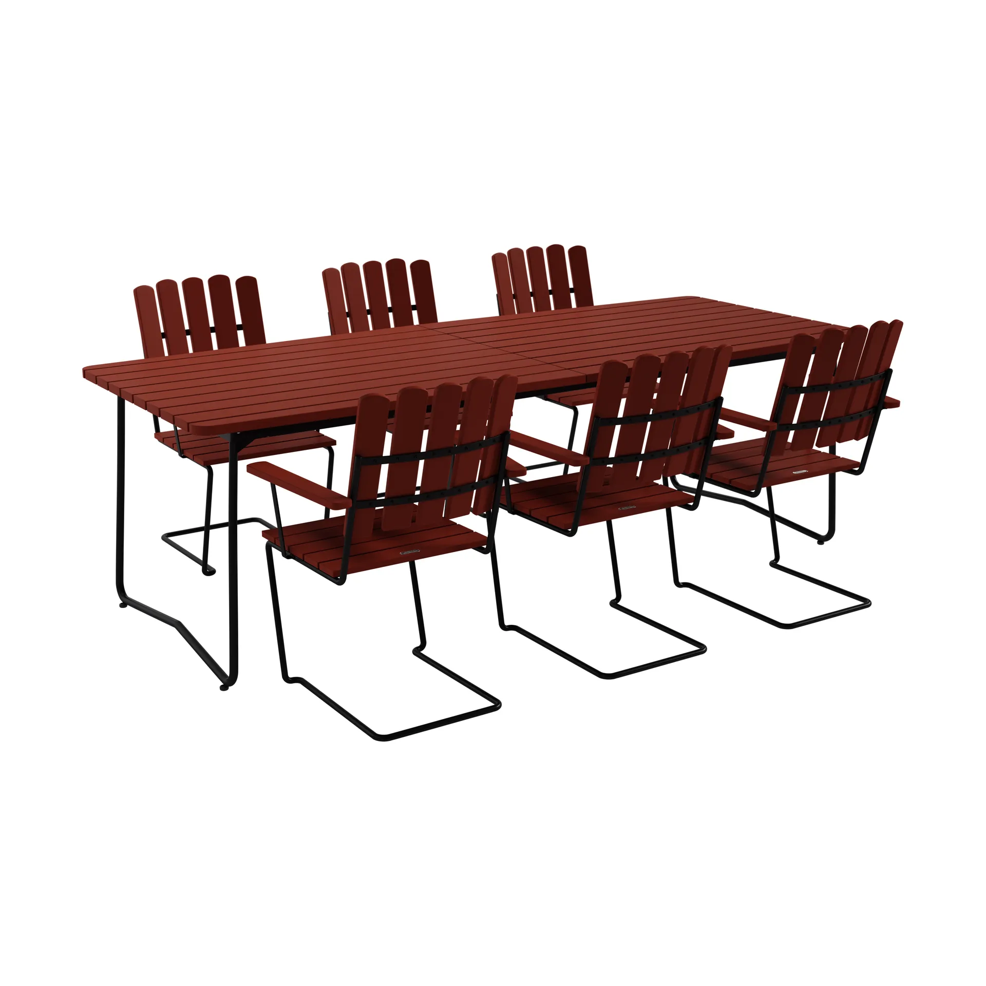 B31 bord 230 cm + 6 A2 fåtölj, mörkröd ek-svart stativ,  Grythyttan Stålmöbler
