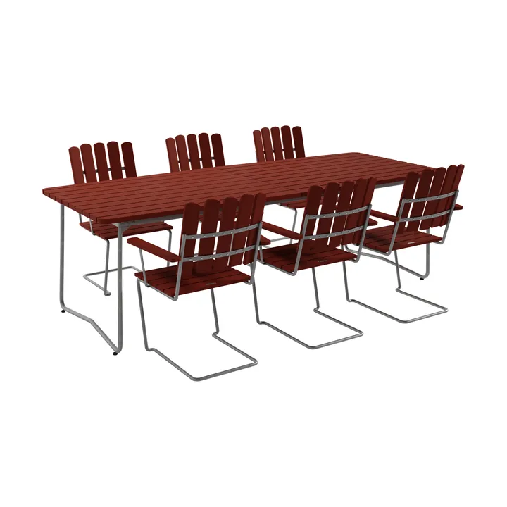 B31 bord 230 cm + 6 A2 fåtölj, mörkröd-varmförzinkat stativ - Grythyttan Stålmöbler