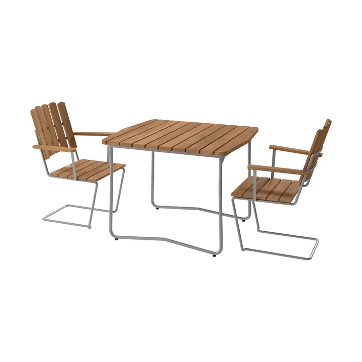 B31 bord 92 cm + 2 A2 fåtölj, teak-varmförzinkat stativ - Grythyttan Stålmöbler