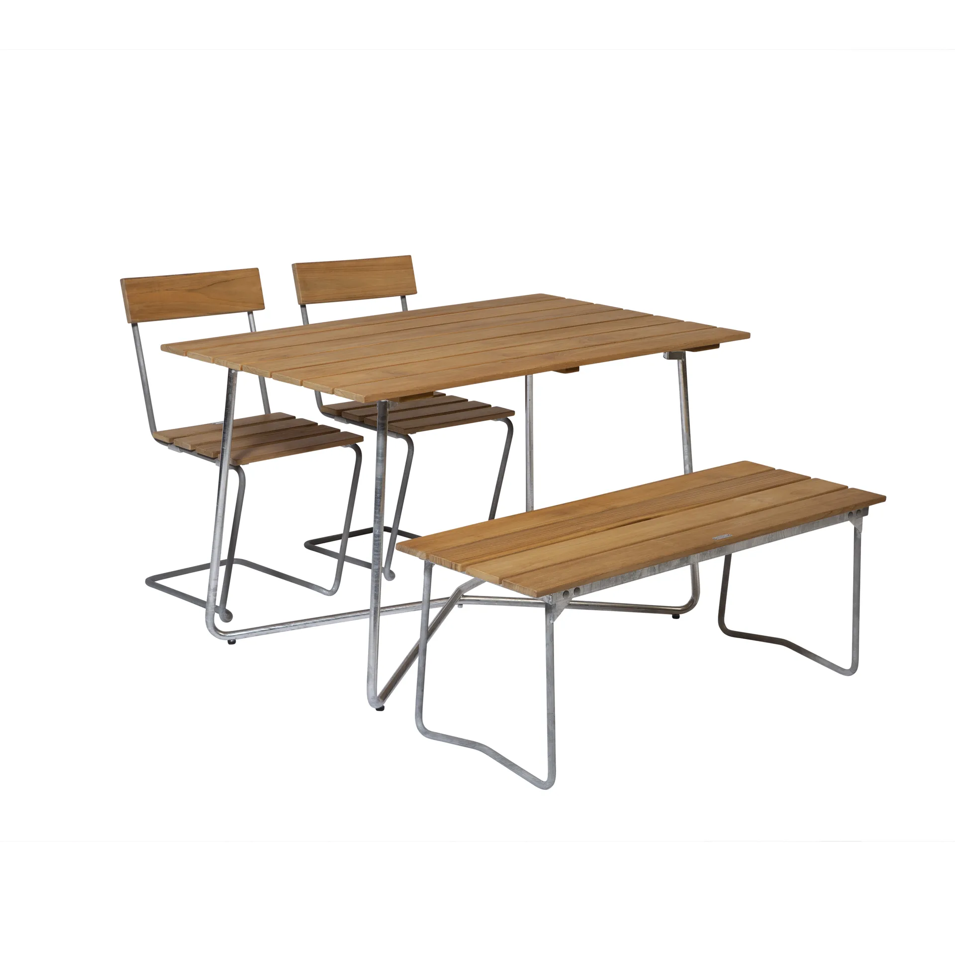 Grythyttan matgrupp B25A + 2st Stol 1 + Bänk 8 teak,  Grythyttan Stålmöbler