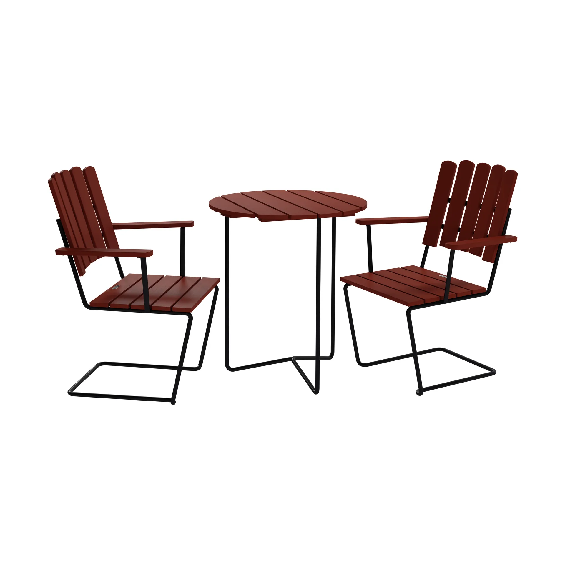 Table 6B bord + 2 A2 fåtölj, mörkröd ek-svart,  Grythyttan Stålmöbler