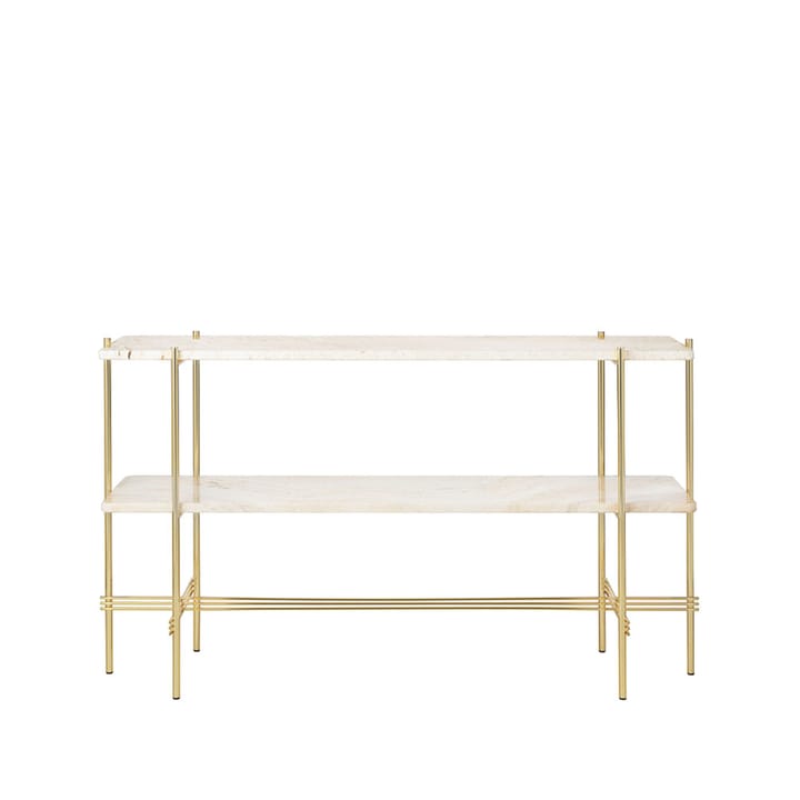 TS Console 2 konsolbord - natural white travertine, mässingstativ, 2 marmorhyllor - GUBI