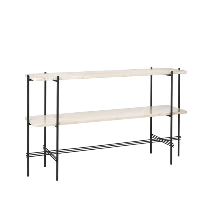 TS Console avlastningsbord 120x30x72 cm, natural white travertine, svart stativ, 2 marmorhyllor GUBI