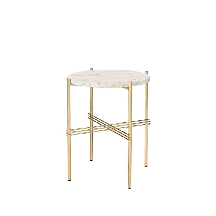 TS Round sidobord - natural white travertine, ø40, mässingsstativ - GUBI