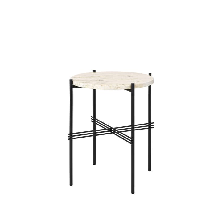 TS Round sidobord - natural white travertine, ø40, svart stativ - GUBI