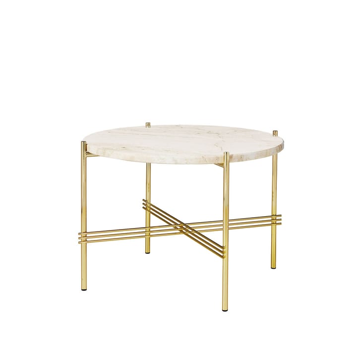 TS Round soffbord - natural white travertine, ø55, mässingsstativ - GUBI