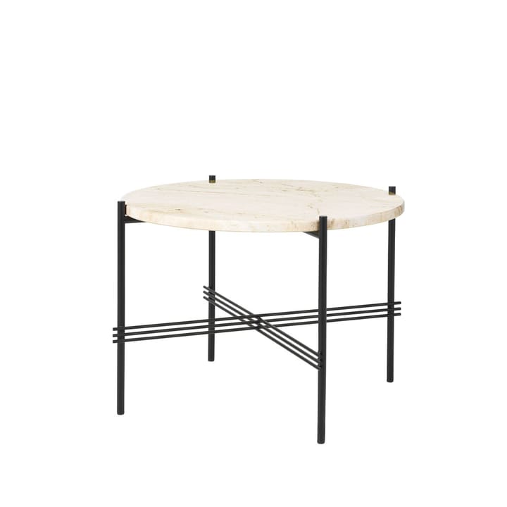 TS Round soffbord - natural white travertine, ø55, svart stativ - GUBI