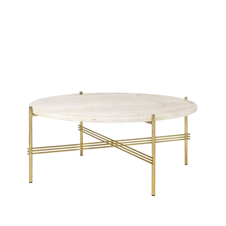 TS Round soffbord - natural white travertine, ø80, mässingsstativ - GUBI