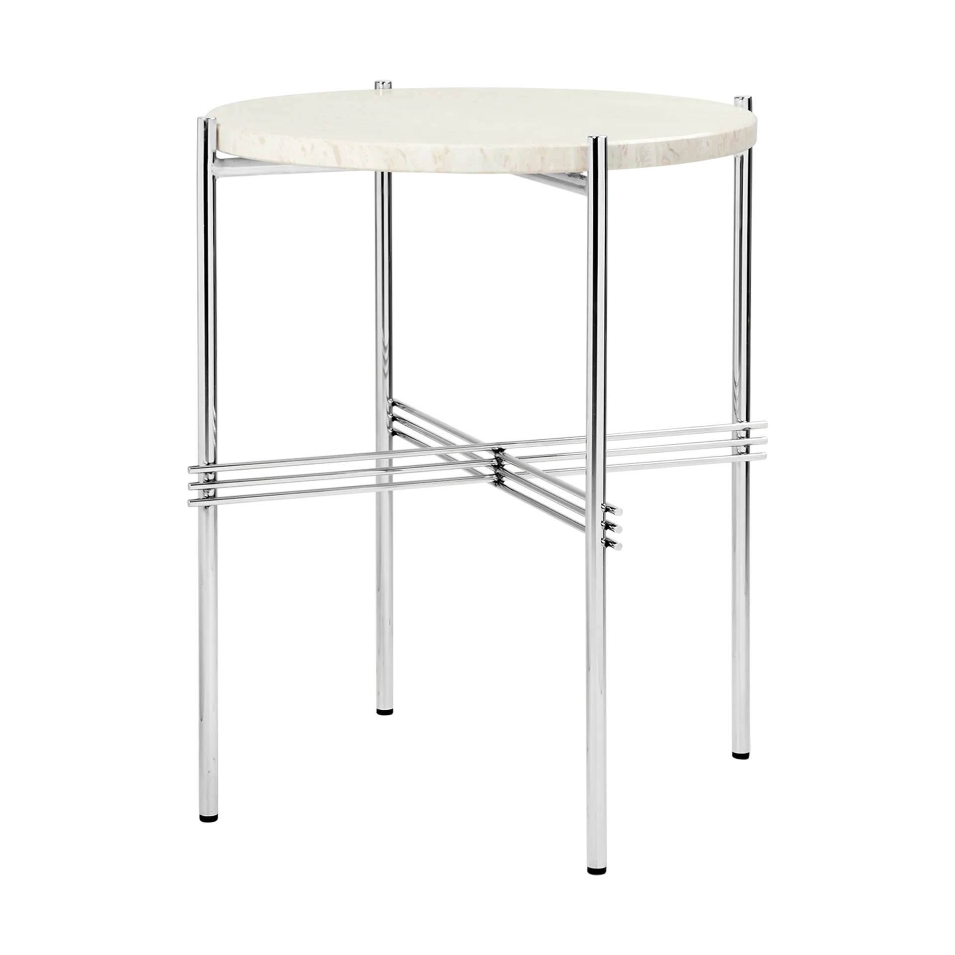 TS sidobord polerat stål Ø40, Neutral white travertine GUBI
