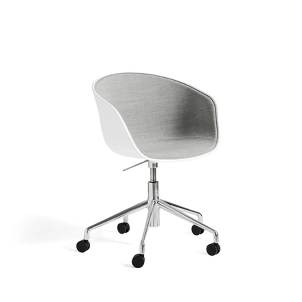 About a Chair 52 kontorsstol med hjul, frontklädd, Light grey-vitt skal-alu.stativ HAY