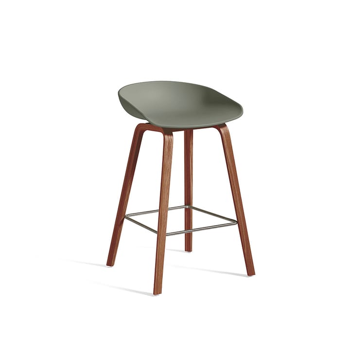About a Stool 32 Low barstol - dusty green, lackat valnötsstativ, fotstöd i rostfritt stål - HAY