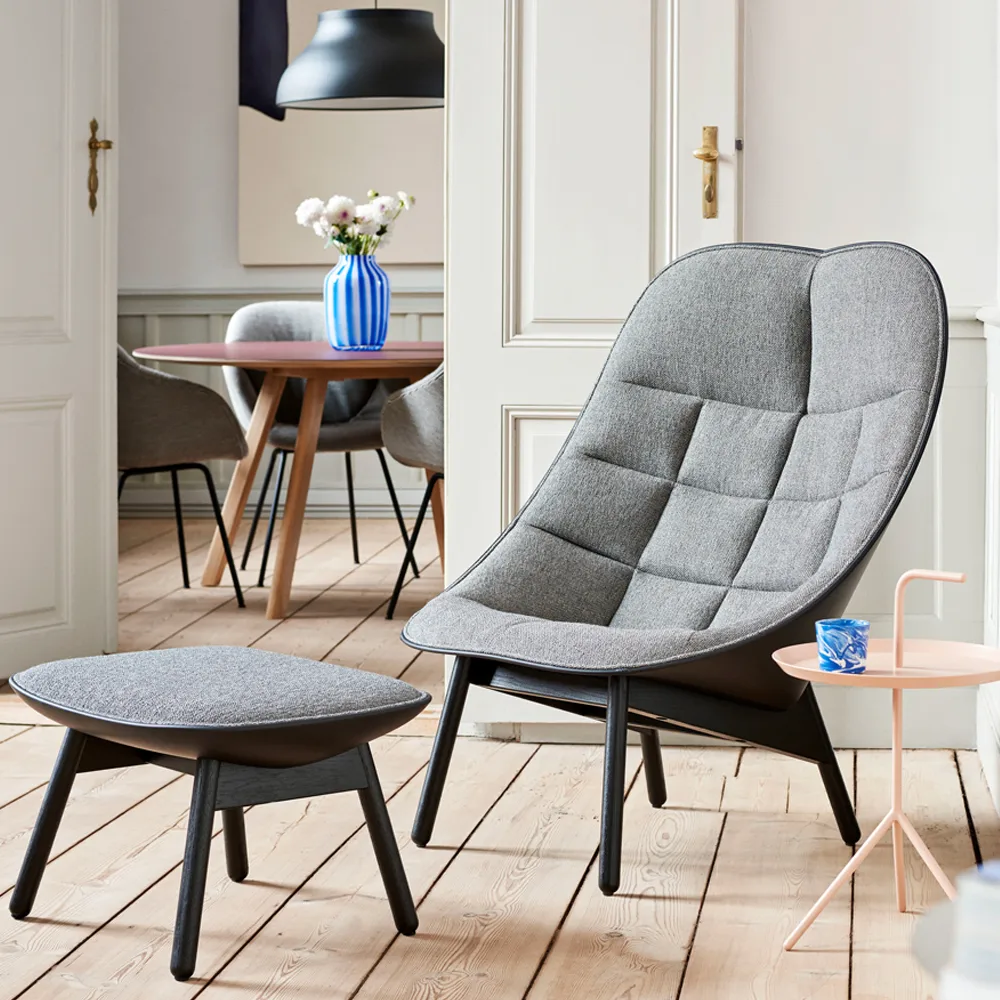 Uchiwa fotpall, Grey-svart ek-baksida svart läder HAY