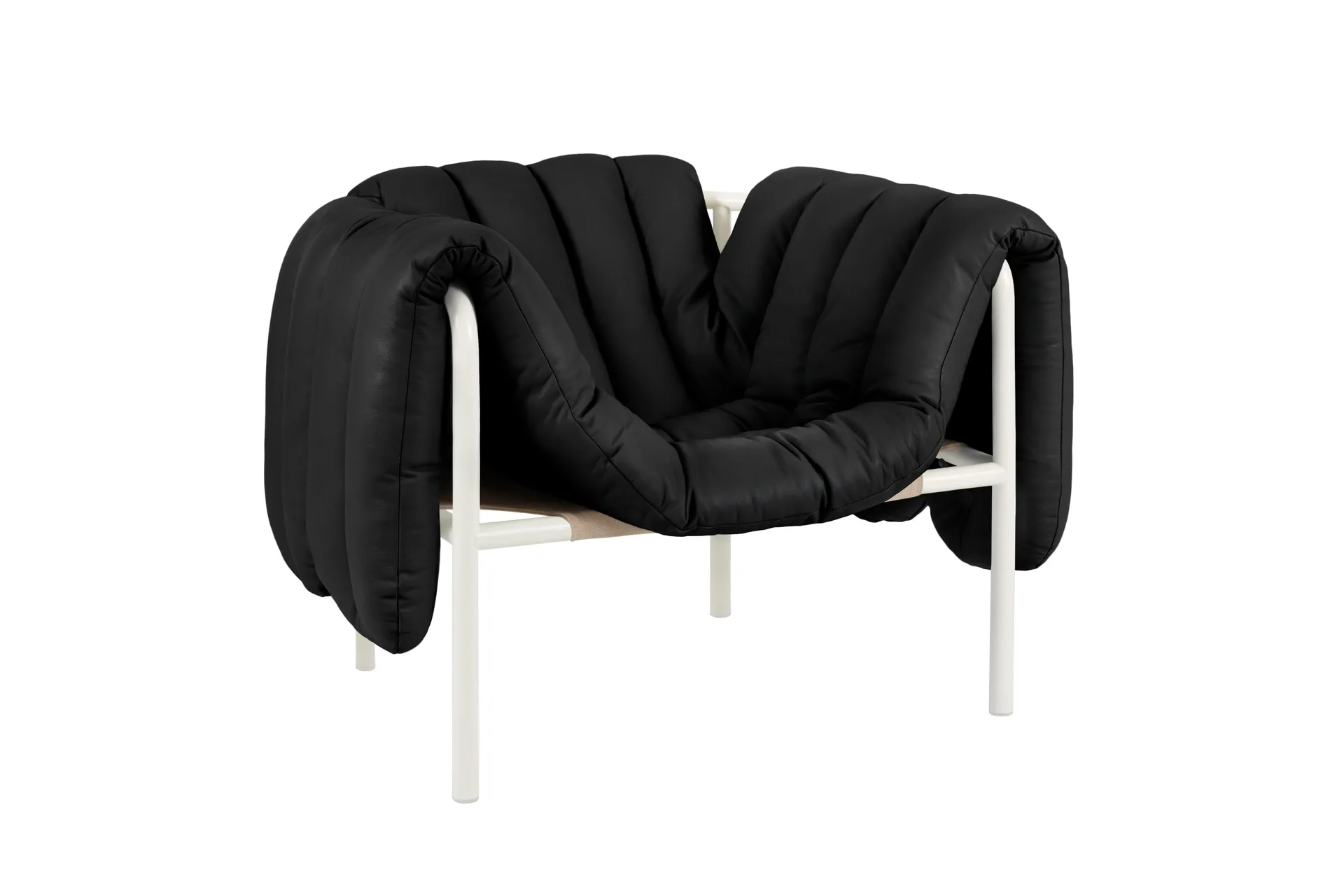 Puffy loungefåtölj, Black leather-cream Hem