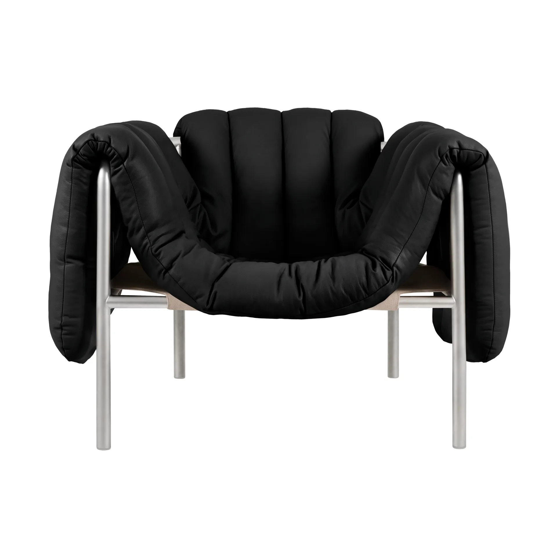 Puffy loungefåtölj, Black leather-rostfritt stål Hem