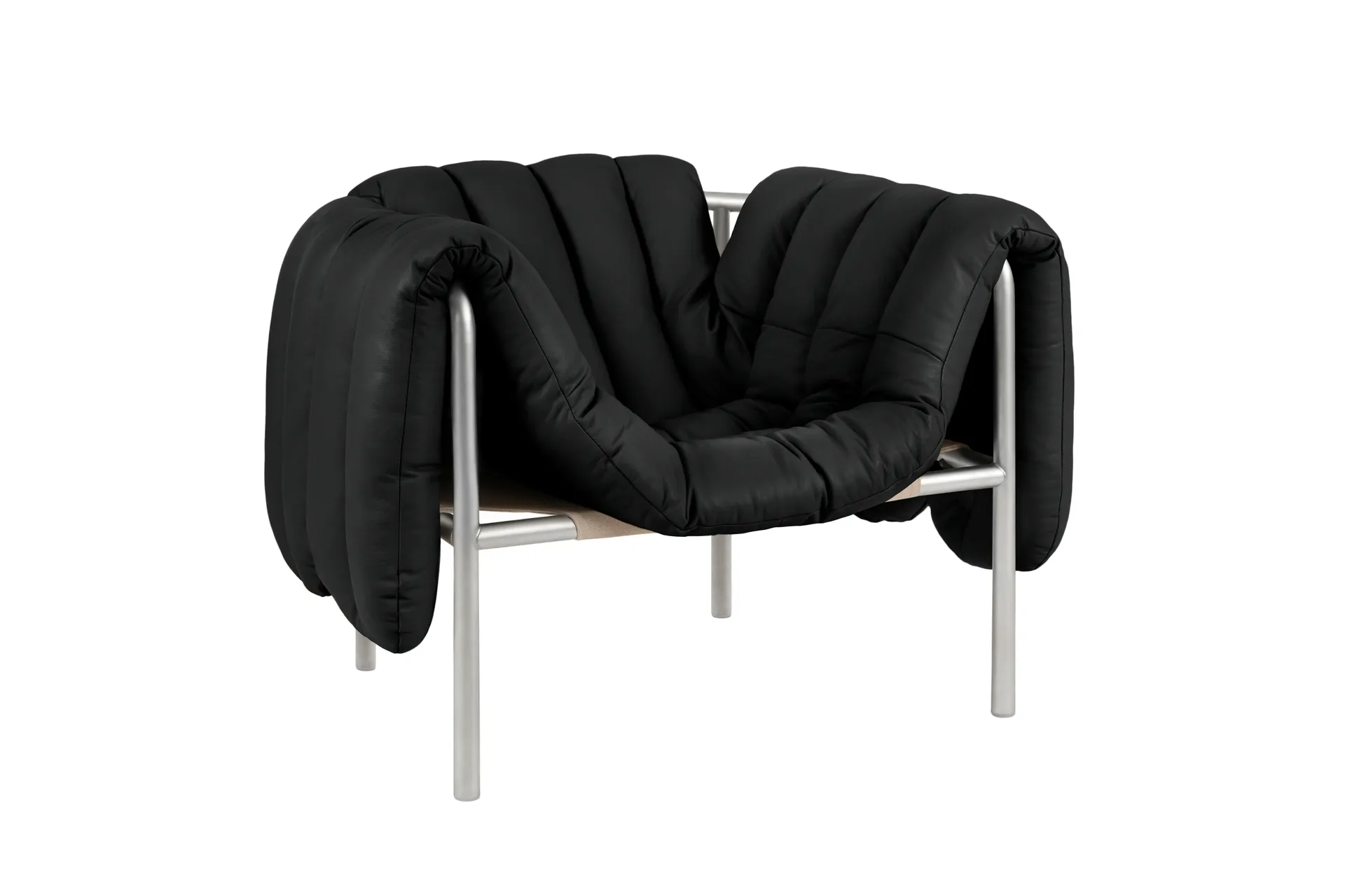 Puffy loungefåtölj, Black leather-rostfritt stål Hem