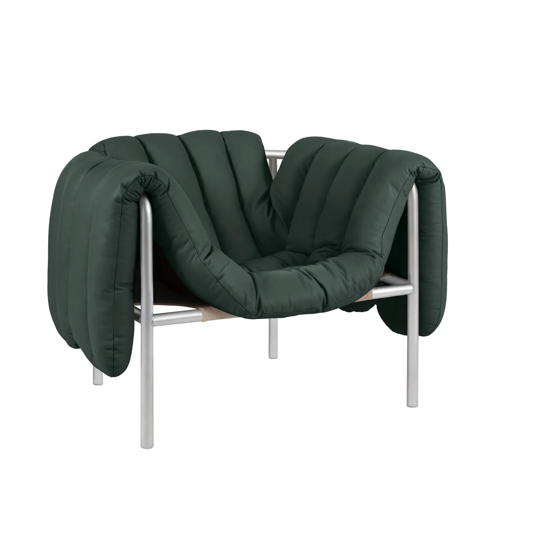 Puffy loungefåtölj, Dark green leather-rostfritt stål Hem