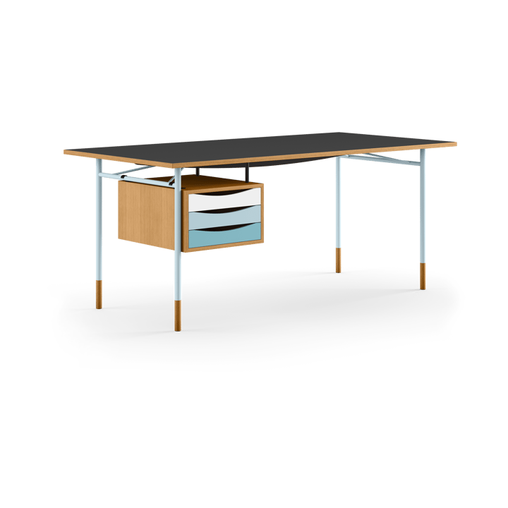 Nyhavn desk skrivbord med skrivbordslådor - Ek-sv laminat-blå ben kall - House of Finn Juhl